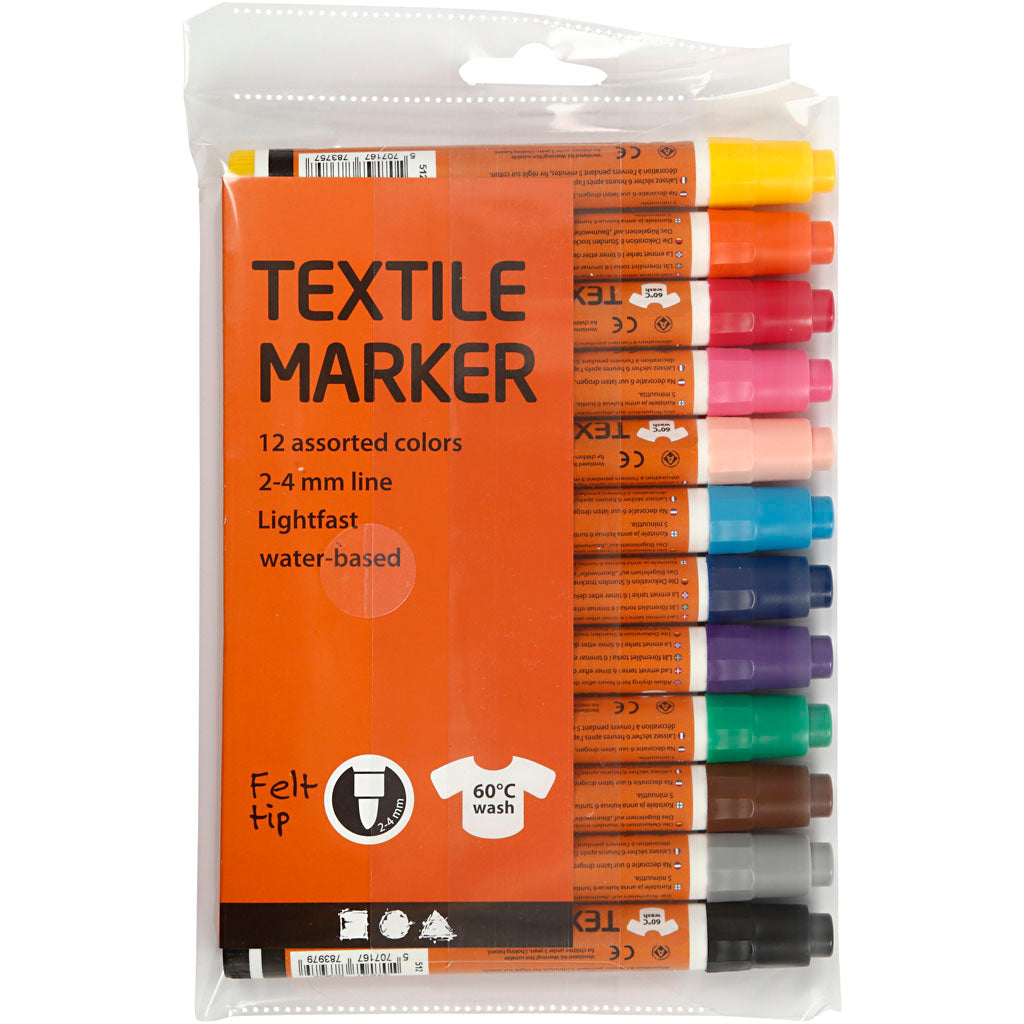 Tekstiltusch, streg 2-4 mm, ass. farver, 12 stk./ 1 pk.
