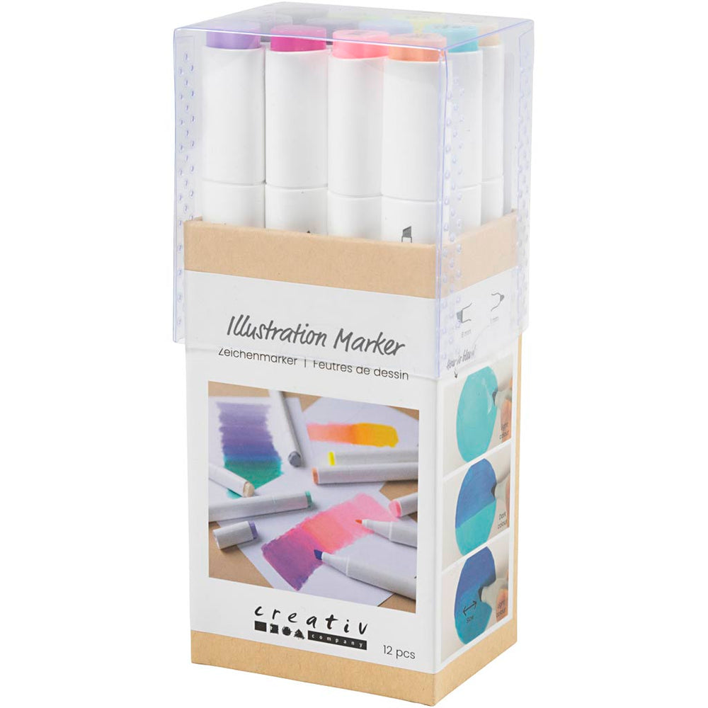 Illustration Marker, streg 1+8 mm, pastelfarver, 12 stk./ 1 pk.
