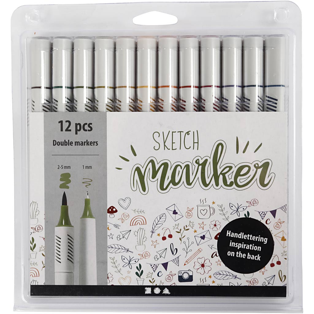 Sketch Marker, streg 1+2-5 mm, douche farver, 12 stk./ 1 pk.