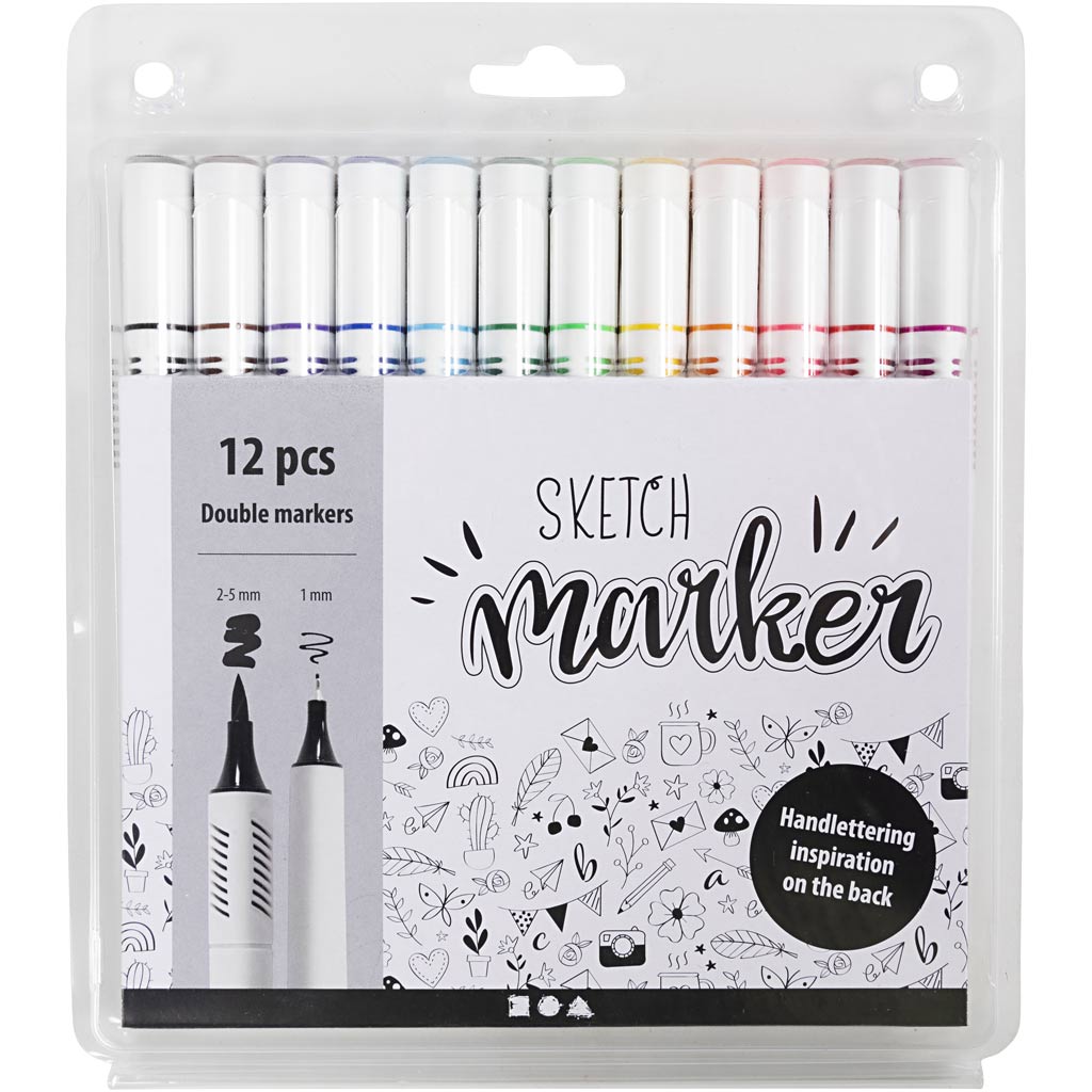 Sketch Marker, streg 1+2-5 mm, standardfarver, 12 stk./ 1 pk.