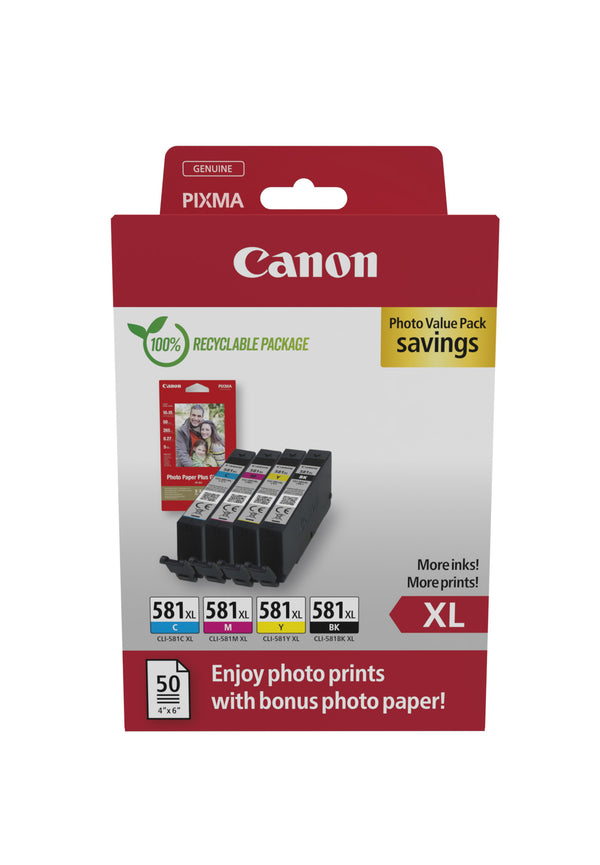 Canon CLI 581XL C/M/Y/BK Photo Value Pack Sort Gul Cyan Magenta Blækbeholder / papirsæt