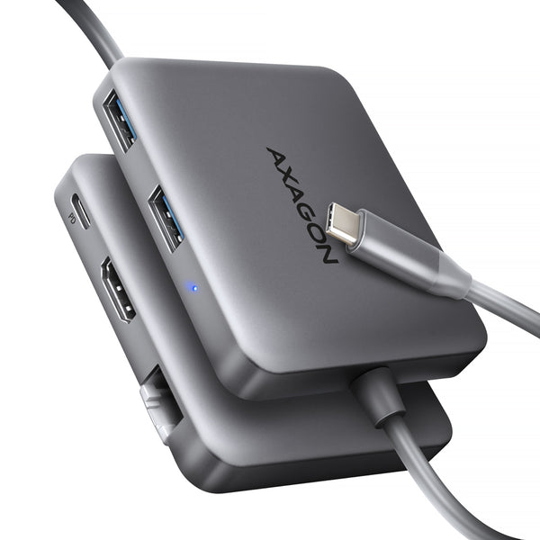 Axagon N HMC-5HL USB 5Gbps hub 2x USB-A HDMI 4k/60Hz RJ-45 GLAN PD 100W kabel USB-C Ledningsført USB 3.2 Gen 1 (3.1 Gen 1) Type-C Sølv