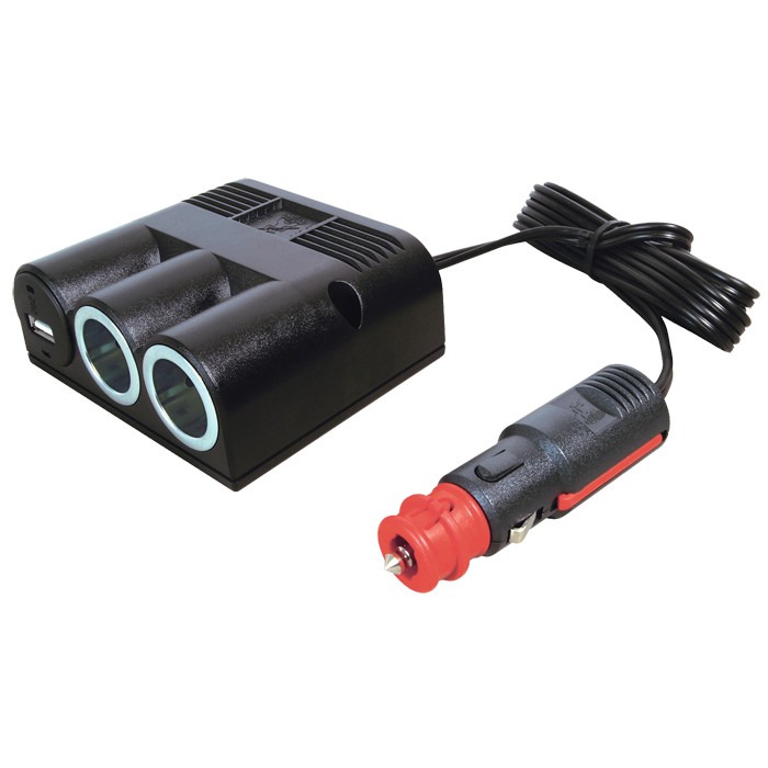 Strømudtag 1->2+USB med ledning