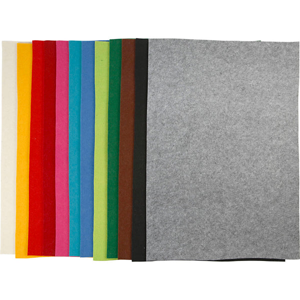 Hobbyfilt, ark 42x60 cm, tykkelse 3 mm, ass. farver, 12 ass. ark/ 1 pk.