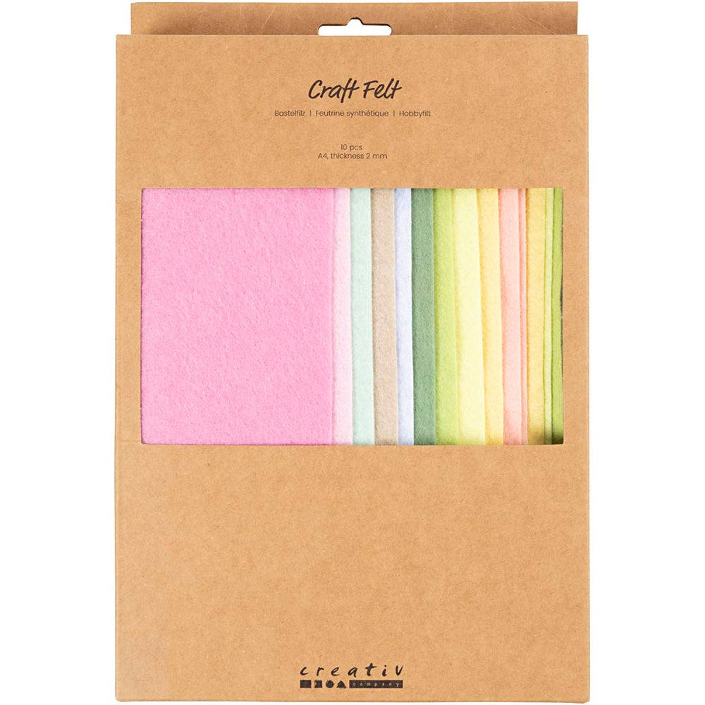 Hobbyfilt, A4, ark 210x297 mm, tykkelse 2 mm, pastelfarver, 10 stk./ 1 pk.