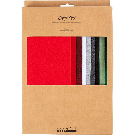Hobbyfilt, A4, ark 210x297 mm, tykkelse 2 mm, julefarver, 10 ark/ 1 pk.