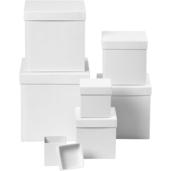 Æsker, firkantede, str. 7,5x7,5x7,5 + 10x10x10 + 13x13x13 + 15x15x15 + 18x18x18 + 20x20x20 + 23x23x23 cm, hvid, 7 stk./ 1 sæt
