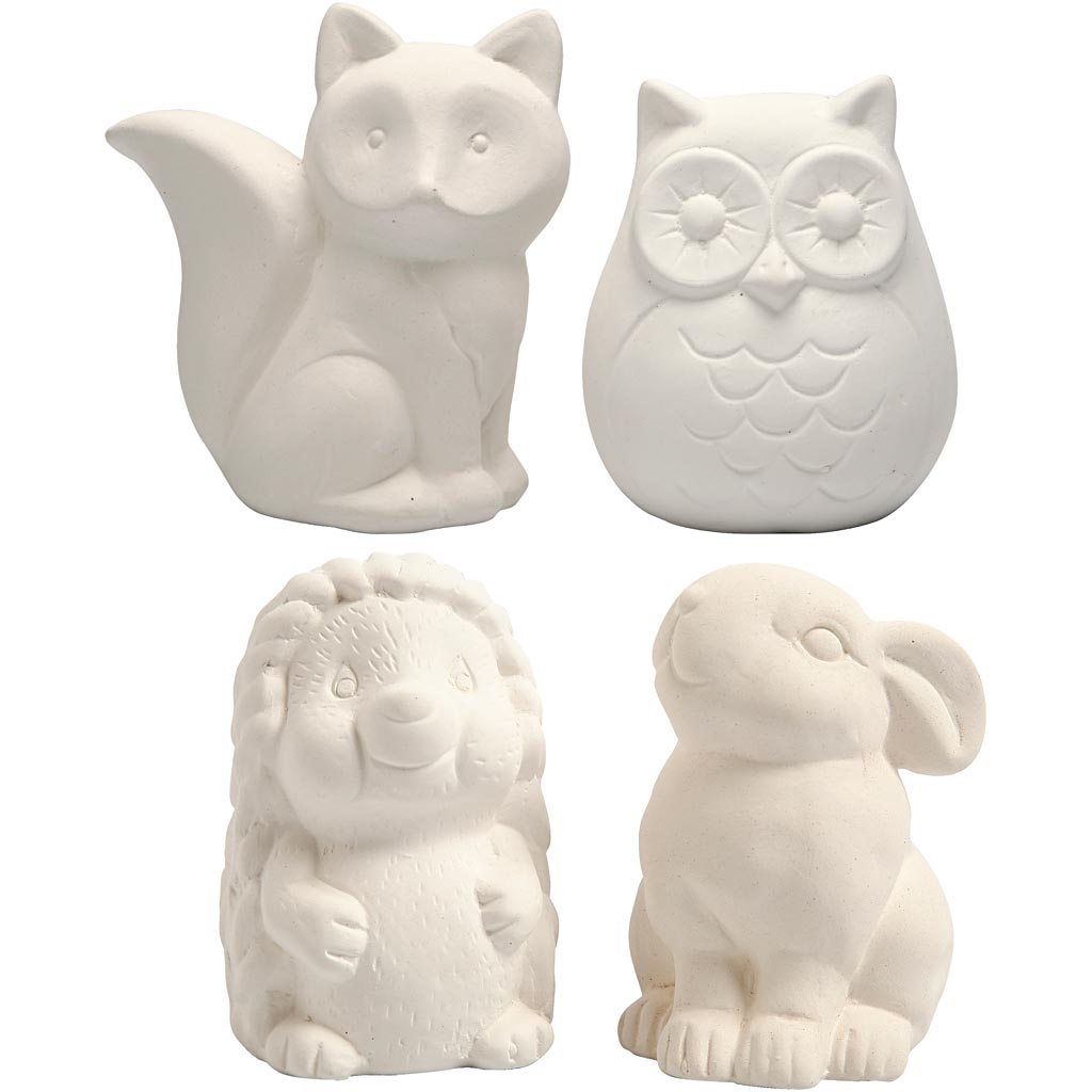 Sparebøsse, ugle, ræv, pindsvin, hare, H: 9-10 cm, hvid, 4 stk./ 1 pk.