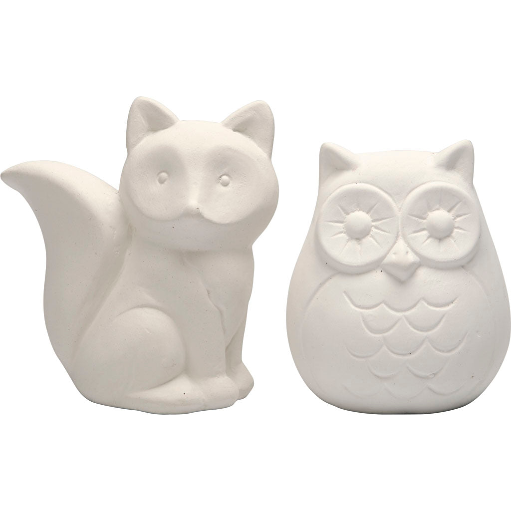 Sparebøsse, ugle og ræv, H: 9 cm, hvid, 2 stk./ 1 pk.