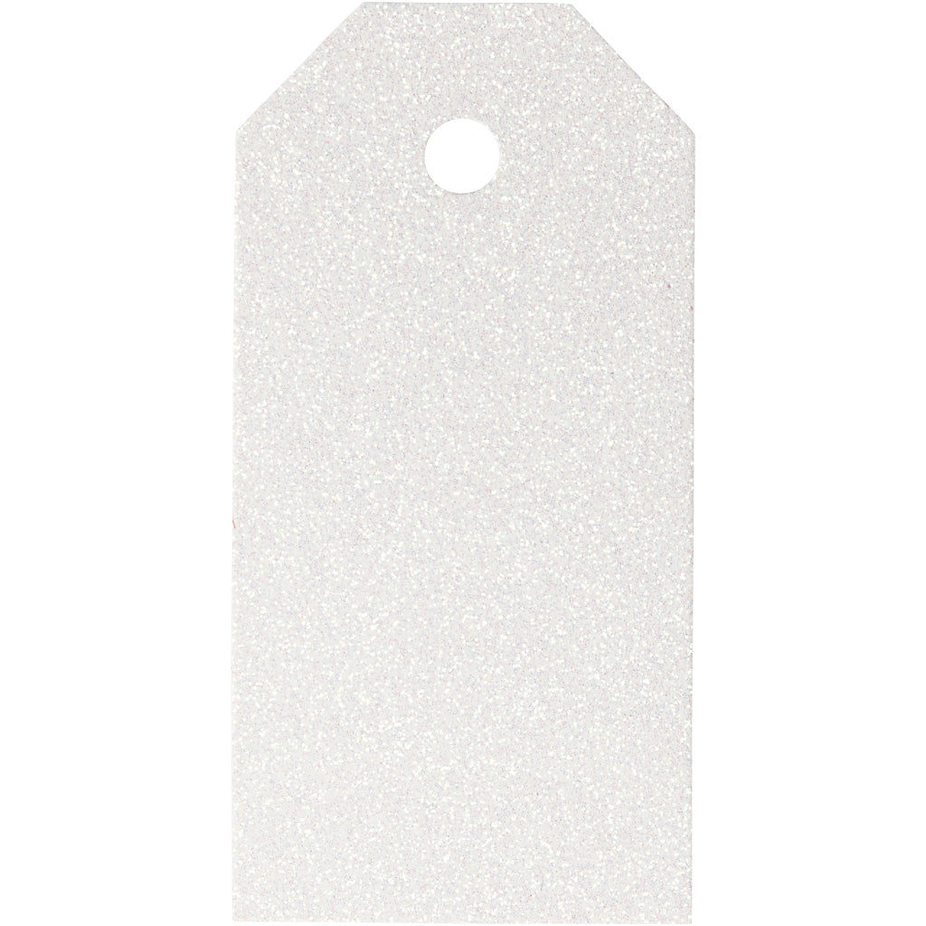 Manilamærker, str. 5x10 cm, glitter, 300 g, hvid, 15 stk./ 1 pk.