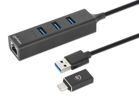 Manhattan USB-C & USB-A Combo Dock/Hub, Ports (4)  Ethernet and USB-A (x3), 5 Gbps (USB 3.2 Gen1 aka USB 3.0), External Power Supply Not Needed, USB-A Male with Attachable USB-C Male Adapter, SuperSpeed USB, Black, Three Year Warranty, Retail Box - hub -