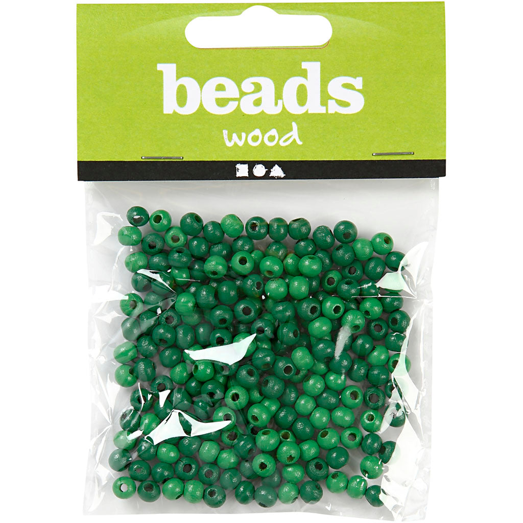 Træperler, diam. 5 mm, hulstr. 1,5 mm, ca. 150 stk., grøn, 6 g/ 1 pk.