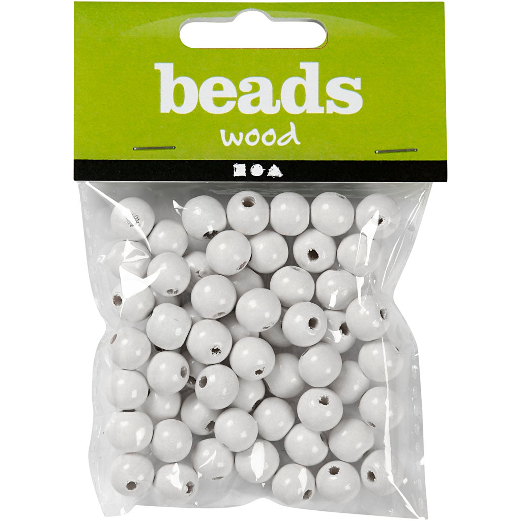 Træperler, diam. 12 mm, hulstr. 3 mm, ca. 40 stk., hvid, 22 g/ 1 pk.