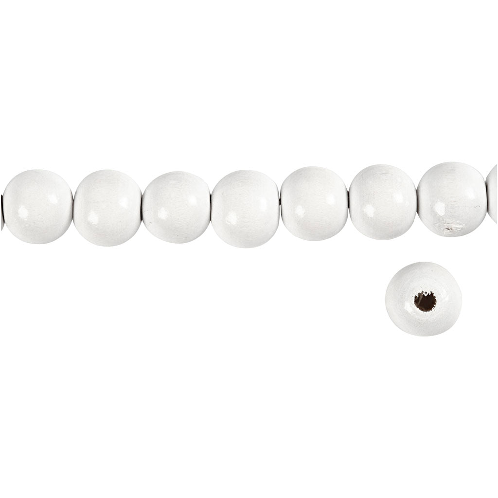 Træperler, diam. 12 mm, hulstr. 3 mm, ca. 40 stk., hvid, 22 g/ 1 pk.