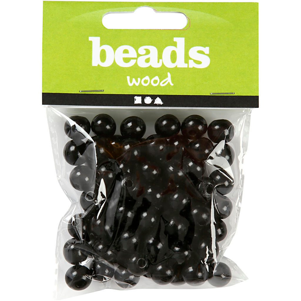 Træperler, diam. 12 mm, hulstr. 3 mm, ca. 40 stk., sort, 22 g/ 1 pk.