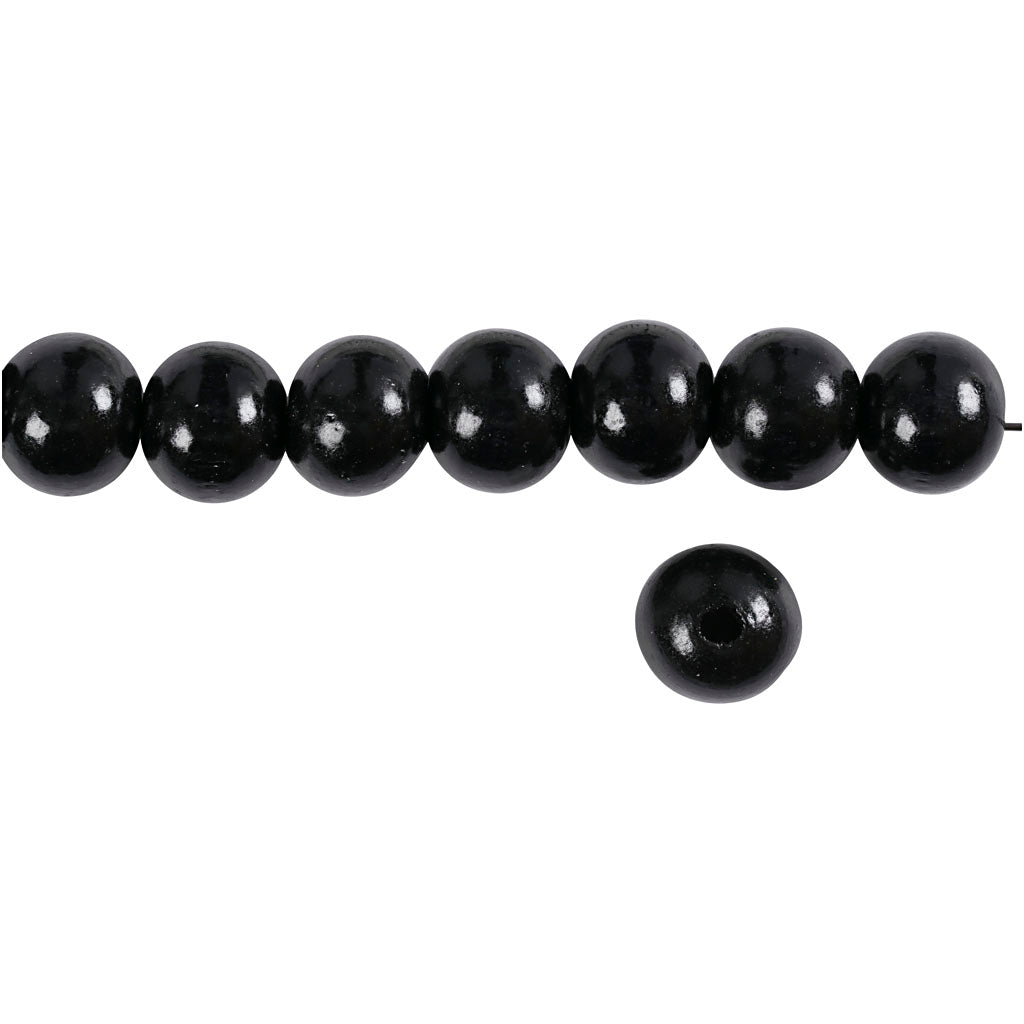 Træperler, diam. 12 mm, hulstr. 3 mm, ca. 40 stk., sort, 22 g/ 1 pk.