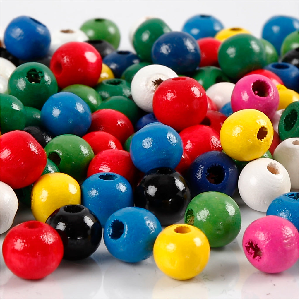 Træperlemix, diam. 8 mm, hulstr. 2 mm, ca. 80 stk., ass. farver, 15 g/ 1 pk.