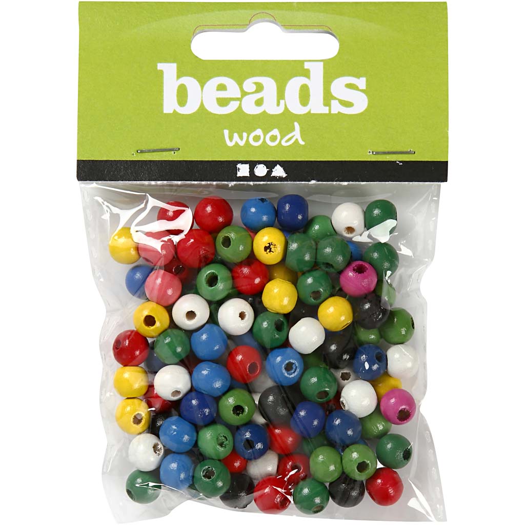 Træperlemix, diam. 8 mm, hulstr. 2 mm, ca. 80 stk., ass. farver, 15 g/ 1 pk.