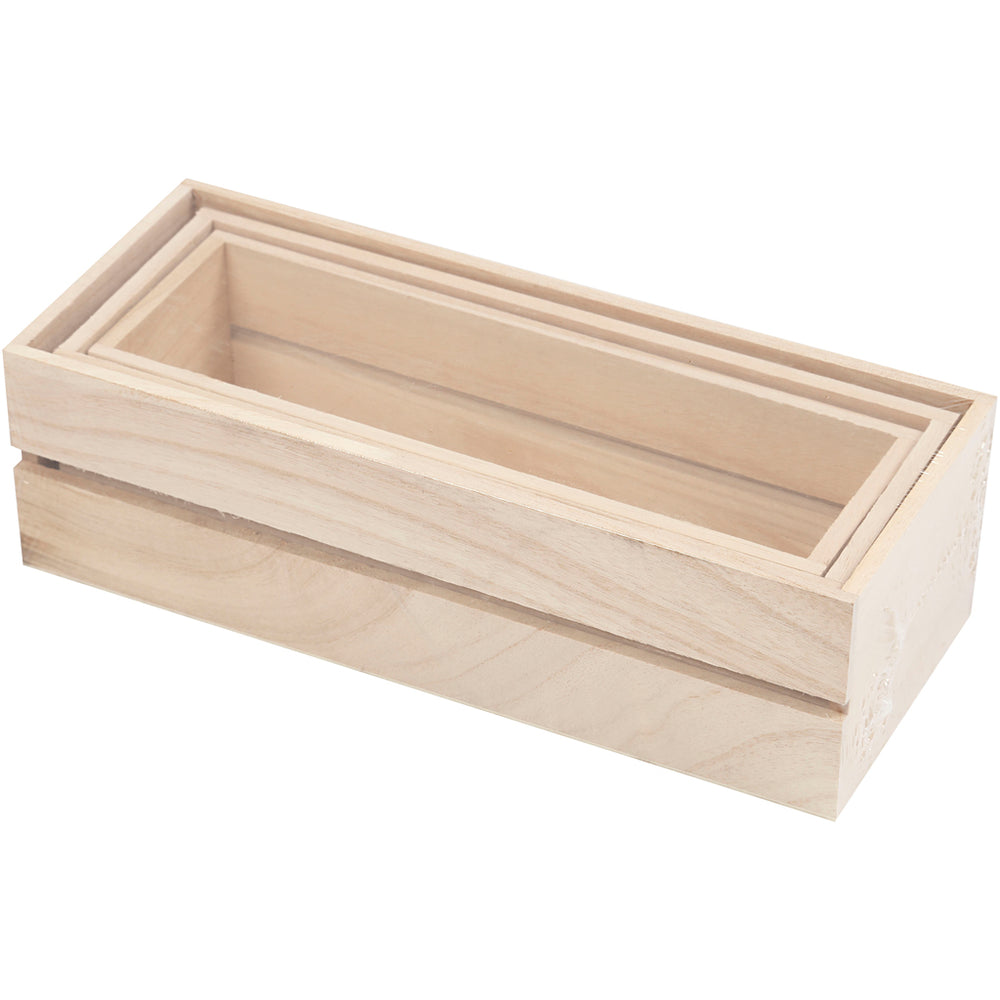 Trækasser, H: 6,5+7+7,5 cm, L: 22+23,5+25 cm, B: 7+8,5+10 cm, 3 stk./ 1 sæt