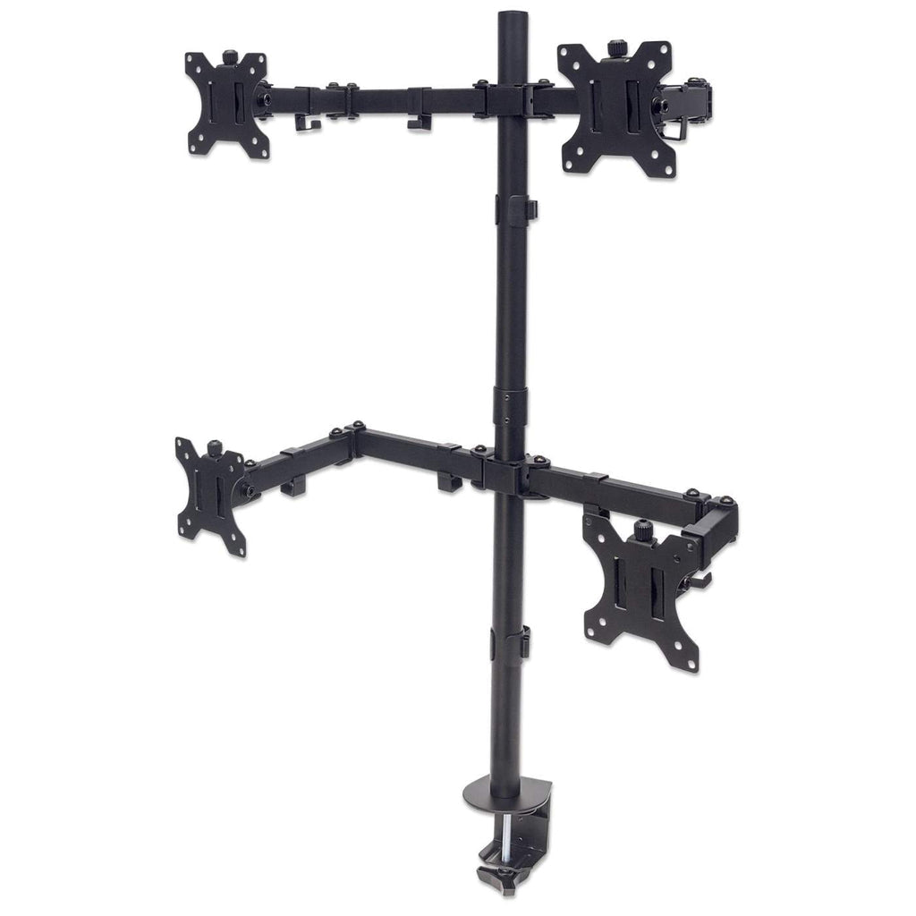 Manhattan TV & Monitor Mount, Desk, Double-Link Arms, 4 screens, Screen Sizes  10-27, Black, Stand or Clamp Assembly, Quad Screens, VESA 75x75 to 100x100mm, Max 8kg (each), Lifetime Warranty