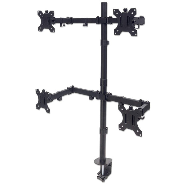 Manhattan TV & Monitor Mount, Desk, Double-Link Arms, 4 screens, Screen Sizes  10-27, Black, Stand or Clamp Assembly, Quad Screens, VESA 75x75 to 100x100mm, Max 8kg (each), Lifetime Warranty