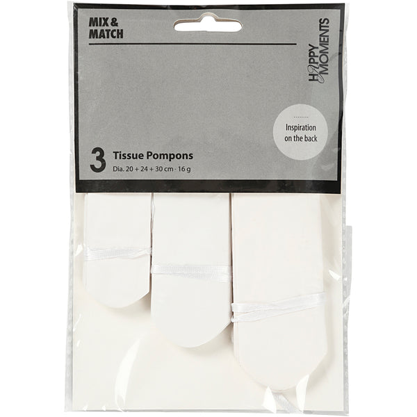 Papirpomponer, diam. 20+24+30 cm, 14 g, hvid, 3 stk./ 1 pk.