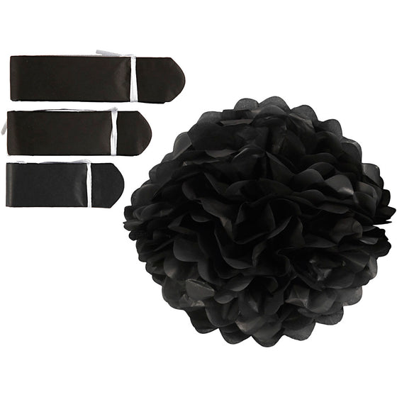 Papirpomponer, diam. 20+24+30 cm, 16 g, sort, 3 stk./ 1 pk.