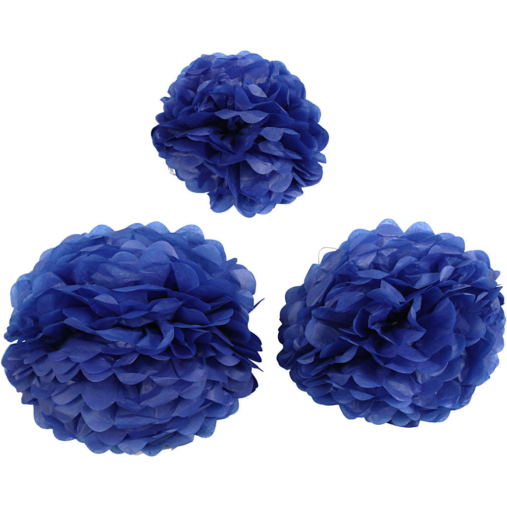 Papirpomponer, diam. 20+24+30 cm, 16 g, mørk blå, 3 stk./ 1 pk.