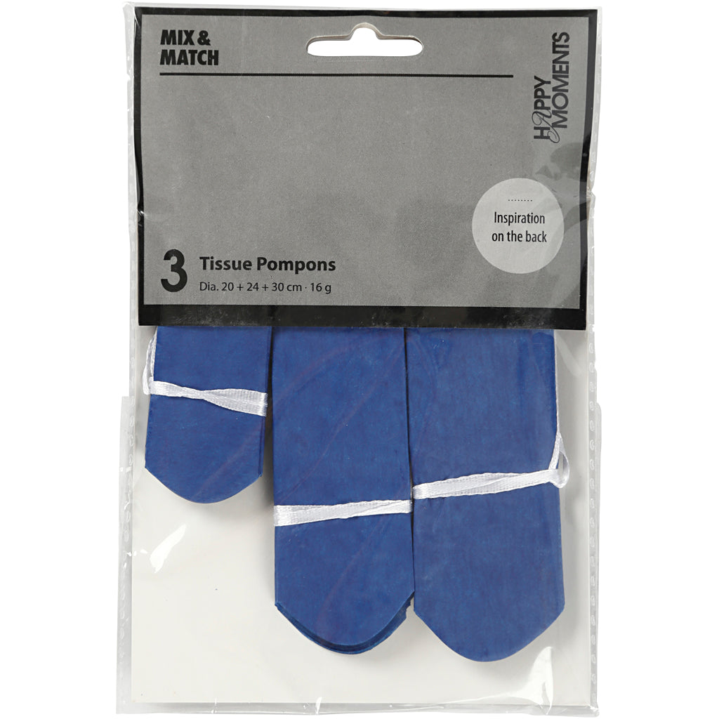 Papirpomponer, diam. 20+24+30 cm, 16 g, mørk blå, 3 stk./ 1 pk.