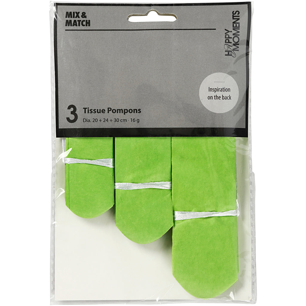 Papirpomponer, diam. 20+24+30 cm, 16 g, limegrøn, 3 stk./ 1 pk.