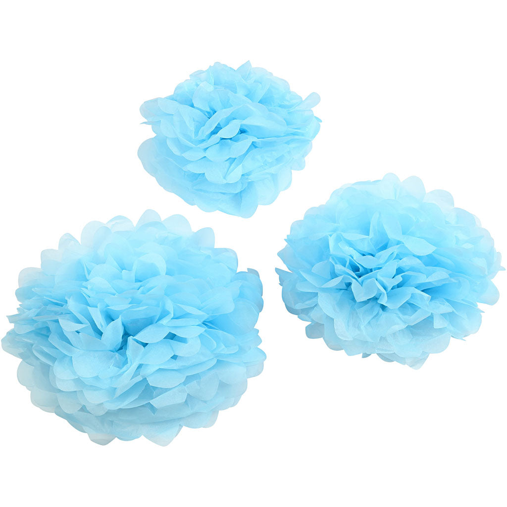Papirpomponer, diam. 20+24+30 cm, 16 g, lyseblå, 3 stk./ 1 pk.