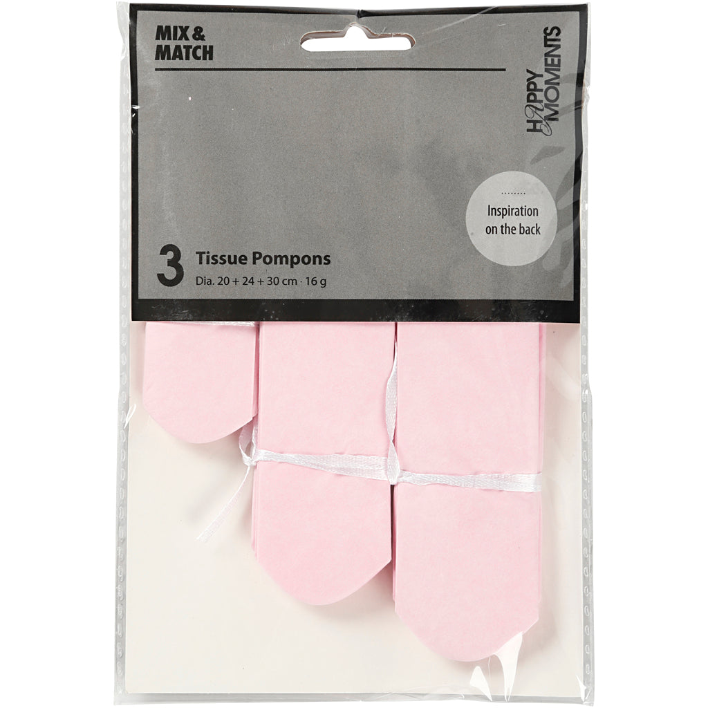 Papirpomponer, diam. 20+24+30 cm, 16 g, lyserød, 3 stk./ 1 pk.