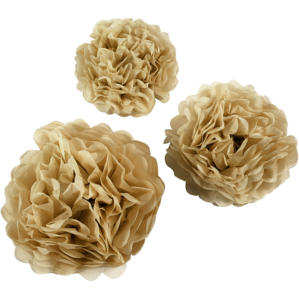 Papirpomponer, diam. 20+24+30 cm, 16 g, guld, 3 stk./ 1 pk.