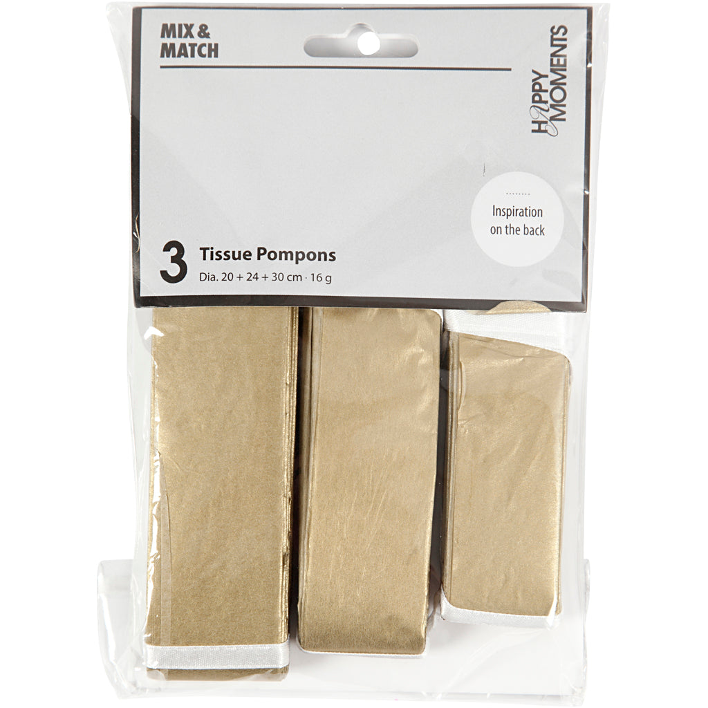Papirpomponer, diam. 20+24+30 cm, 16 g, guld, 3 stk./ 1 pk.