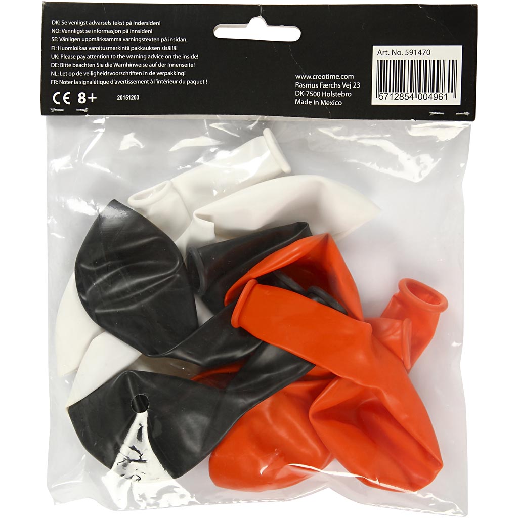 Balloner, runde, diam. 23-26 cm, sort, orange, hvid, 10 stk./ 1 pk.