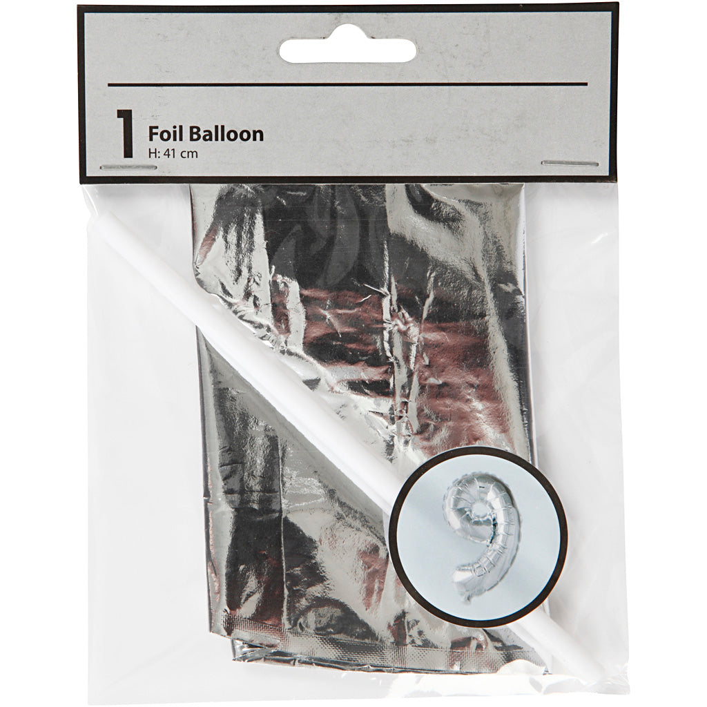 Folieballon, 9, H: 41 cm, sølv, 1 stk.