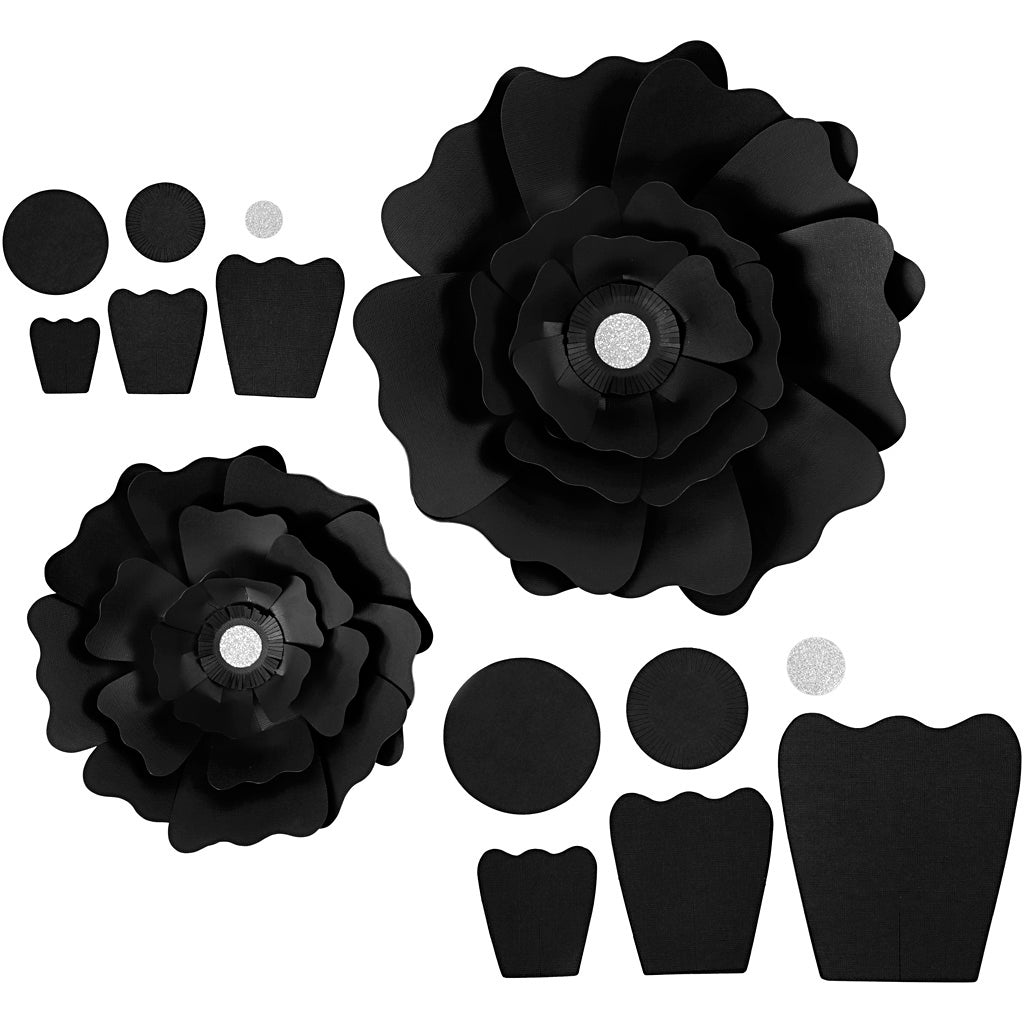 Papirblomster, diam. 15+25 cm, 230 g, sort, 2 stk./ 1 pk.