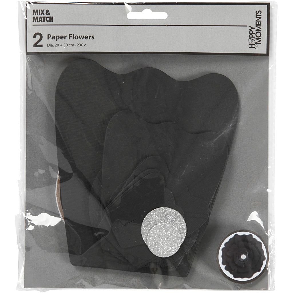 Papirblomster, diam. 15+25 cm, 230 g, sort, 2 stk./ 1 pk.