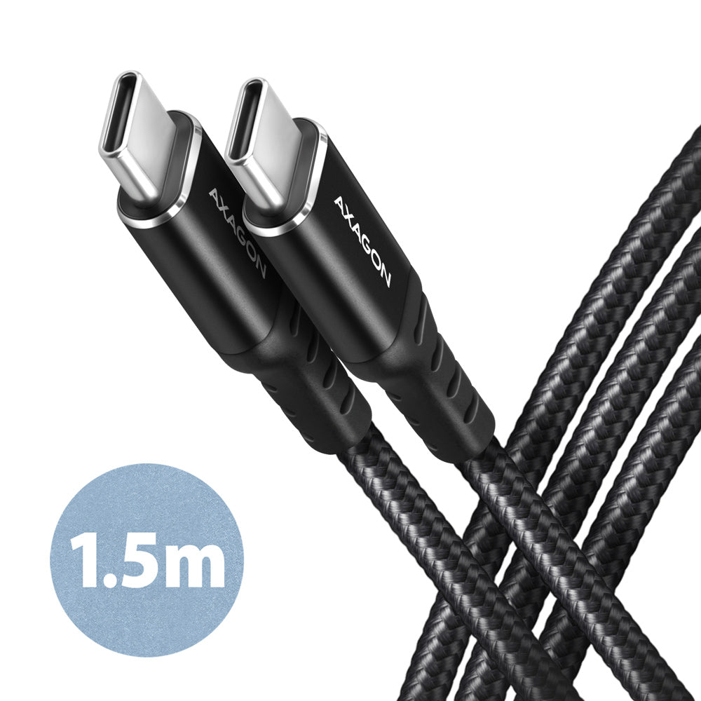 Axagon Data and charging USB 2.0 cable 1.5 m long. PD 60W, 3A. Black braided. USB-kabel 1,5 m USB C Sort