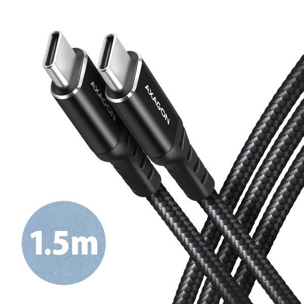 Axagon Data and charging USB 2.0 cable 1.5 m long. PD 60W, 3A. Black braided. USB-kabel 1,5 m USB C Sort