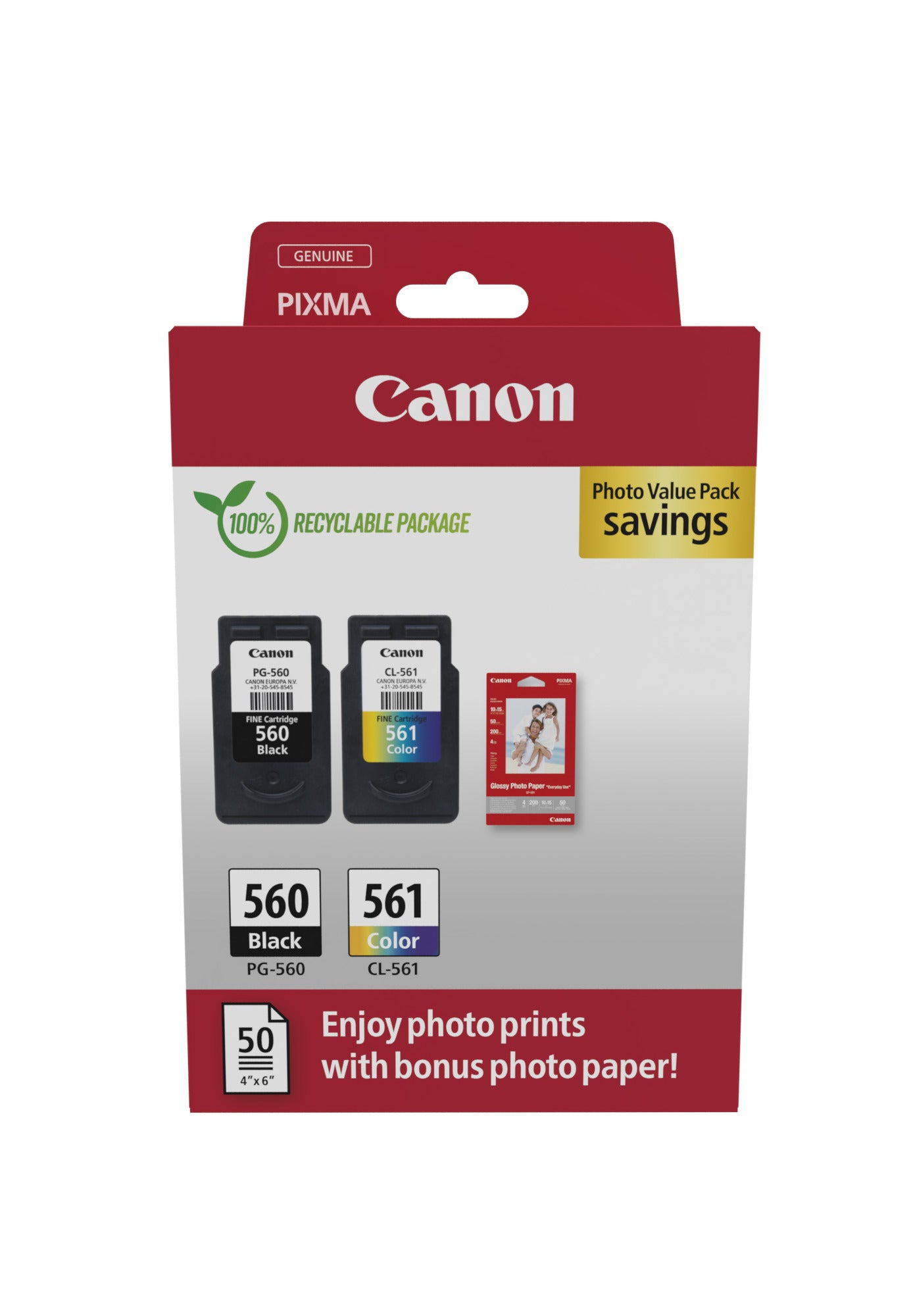 Canon PG-560/CL-561 Photo Value Pack Sort Farve (cyan, magenta, gul) Blækpatron/papirsæt