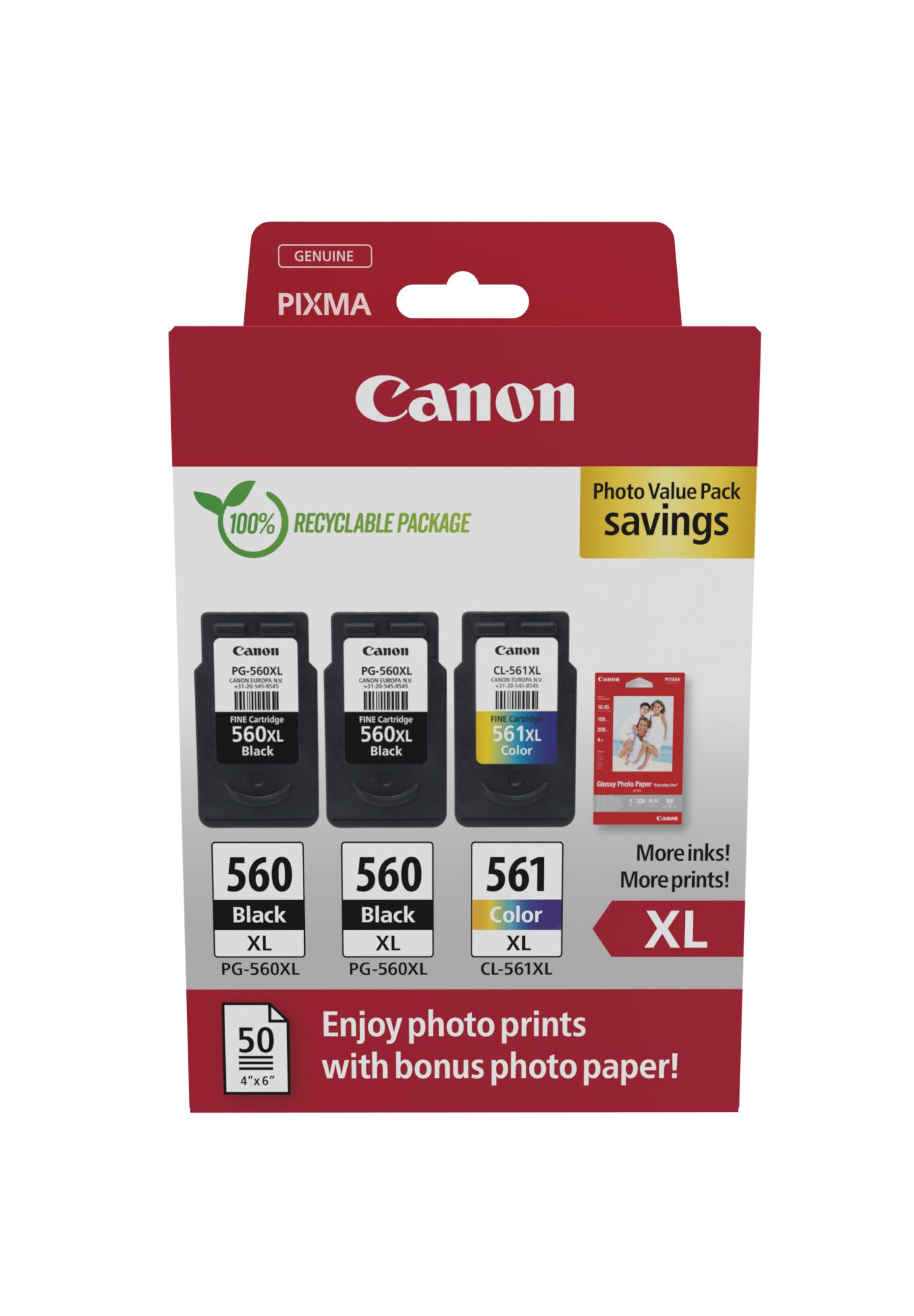 Canon PG-560XL x2/CL-561XL Photo Value Pack Sort Farve (cyan, magenta, gul) Blækpatron/papirsæt