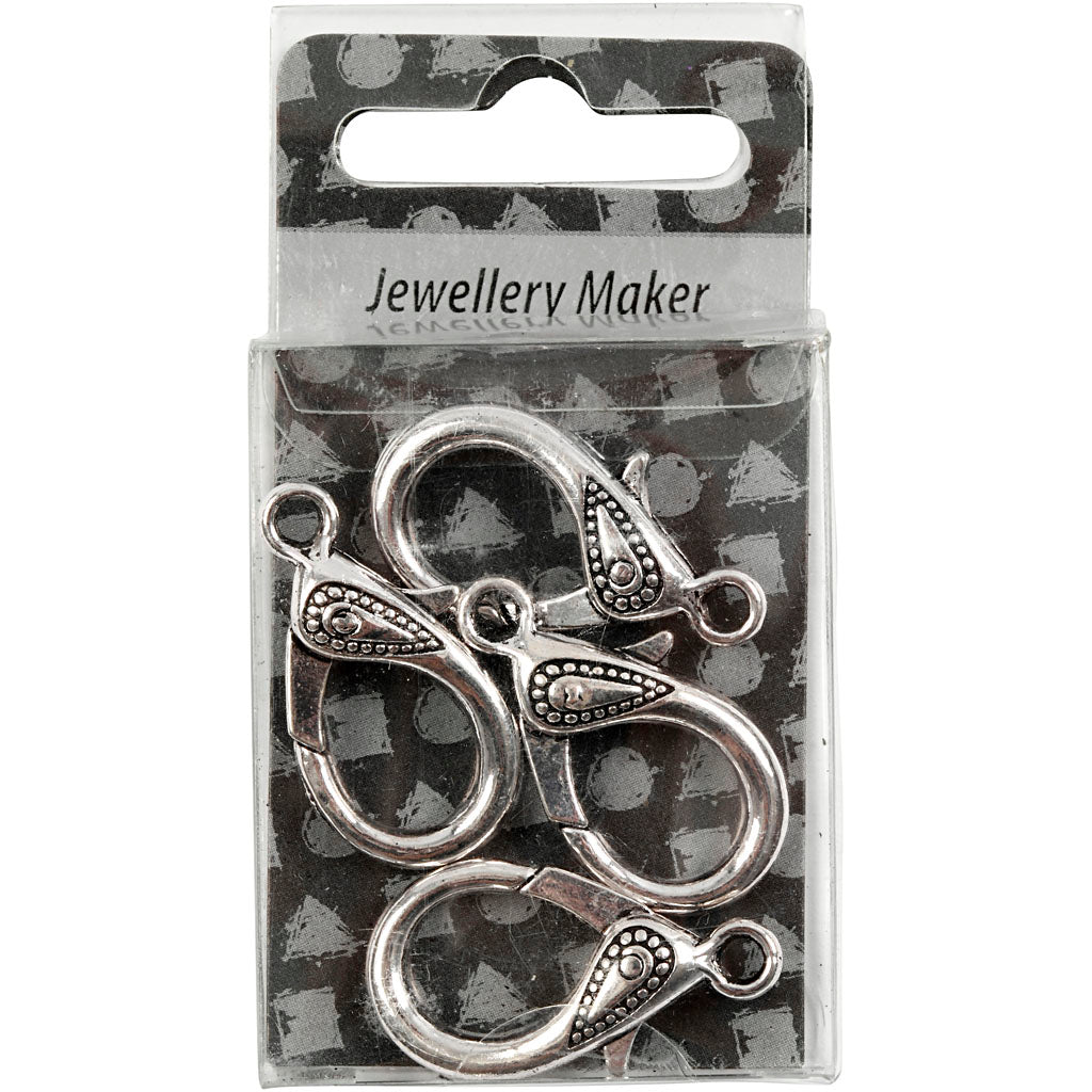 Karabinhage, L: 30 mm, hulstr. 3 mm, antik sølv, 4 stk./ 1 pk.
