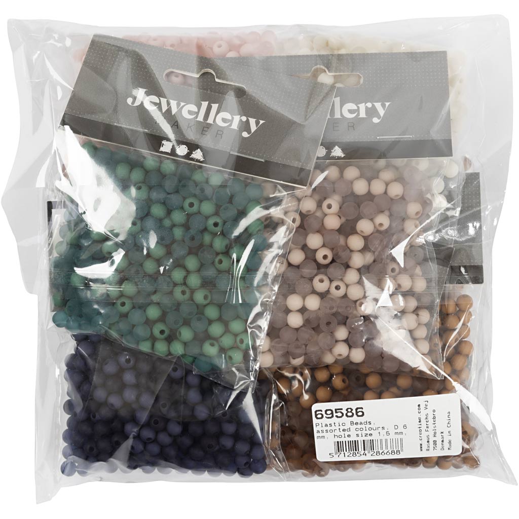 Plastperler, diam. 6 mm, hulstr. 1,5 mm, Indhold kan variere, ca. 10x150 stk., ass. farver, 8x40 g/ 1 pk.