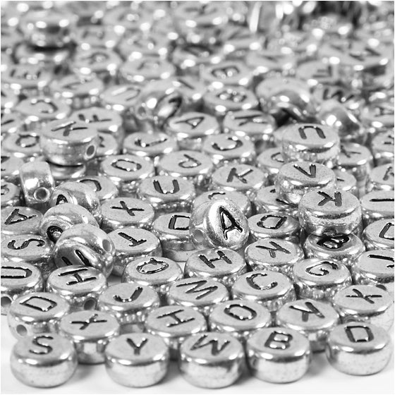 Bogstavperler, diam. 7 mm, hulstr. 1,2 mm, ca. 200 stk., sølv, 21 g/ 1 pk.