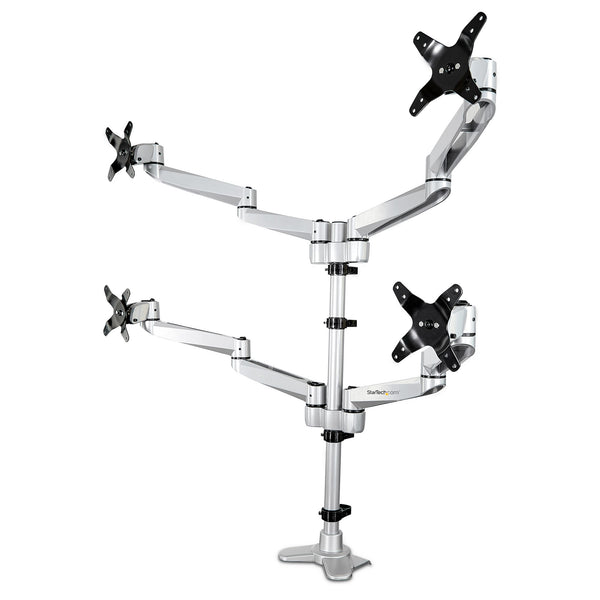 StarTech.com Desk Mount Quad Monitor Arm, Premium Articulating VESA 4 Monitor Mount 2x2 up to 27, Ergonomic Height Adjustable Pole Mount, Tilt/Swivel/Rotate, C-Clamp/Grommet, Silver - Heavy-duty VESA Mount (ARMQUADPS) Monteringssæt 4 skærme 13-27