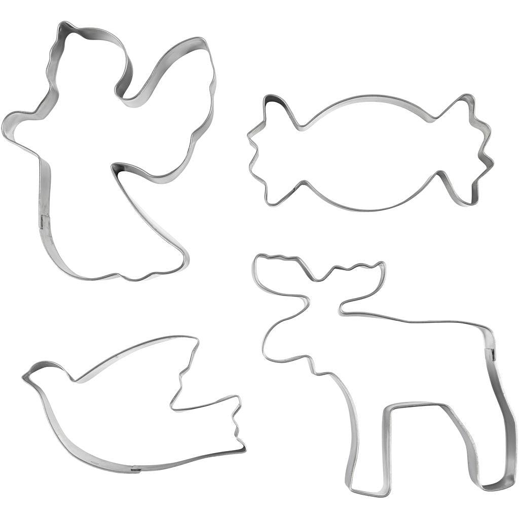 Udstiksforme, Engel, rensdyr, due, karamel, H: 2 cm, str. 4,5-9 cm, metal sølv, 4 stk./ 1 pk.