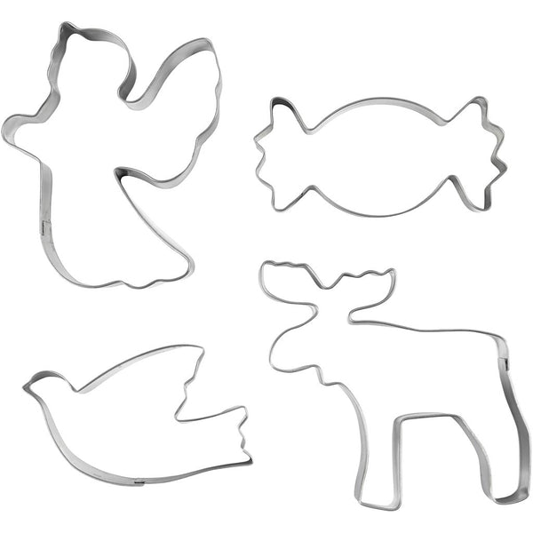Udstiksforme, Engel, rensdyr, due, karamel, H: 2 cm, str. 4,5-9 cm, metal sølv, 4 stk./ 1 pk.