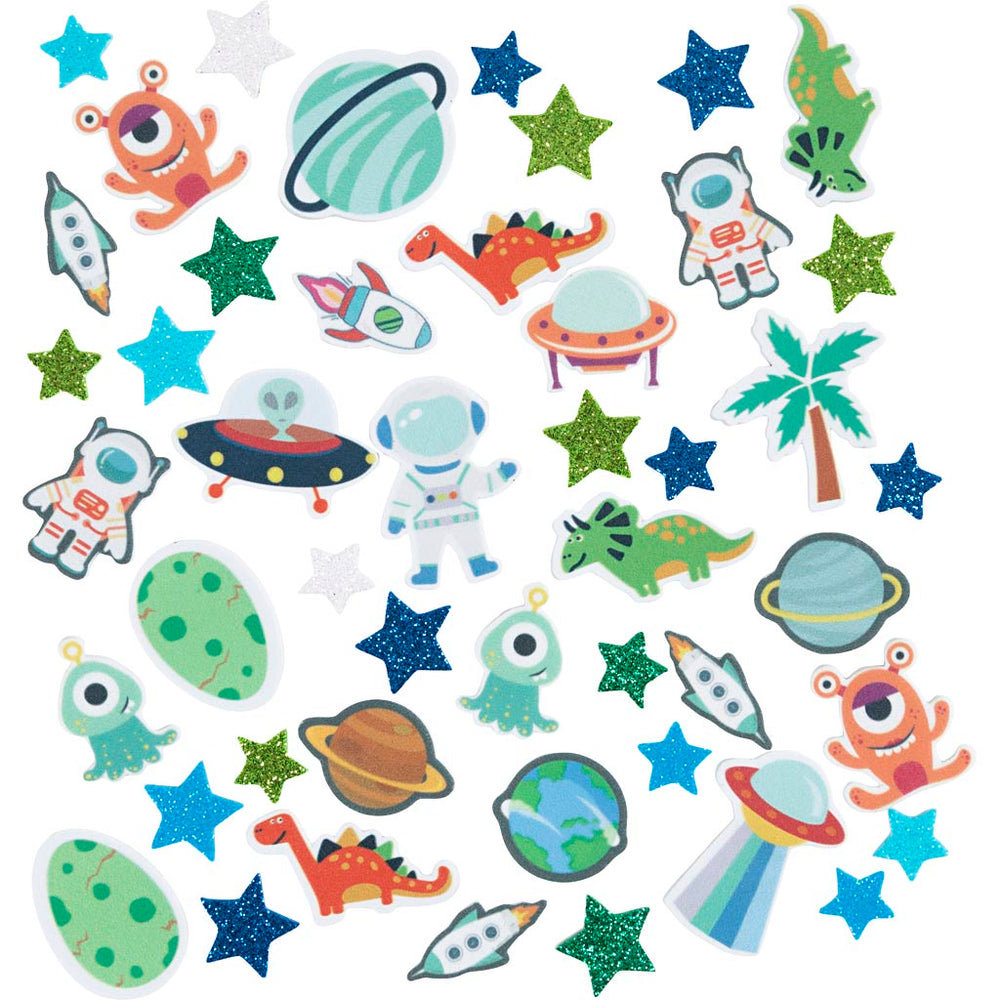 Mosgummi klistermærker, Stjerne, ufo, dinosaur, selvklæbende, str. 13-40 mm, blå/grå harmoni, 150 stk./ 1 pk.