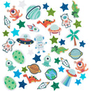 Mosgummi klistermærker, Stjerne, ufo, dinosaur, selvklæbende, str. 13-40 mm, blå/grå harmoni, 150 stk./ 1 pk.